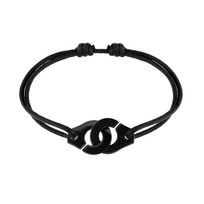 Bracelet en argent rhodié motif menotte avec cordon coulissant noir